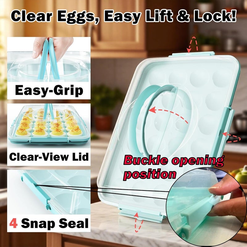 YETESON Deviled Egg Containers with Lid - Reusable Platter 2 Pack 48 Count Storage Tray with Handle for Potlucks, Tea Parties, Party, Thanksgiving, Picnics, Refrigerator, Christmas, Easter, Brunches (Blue) - Image 2
